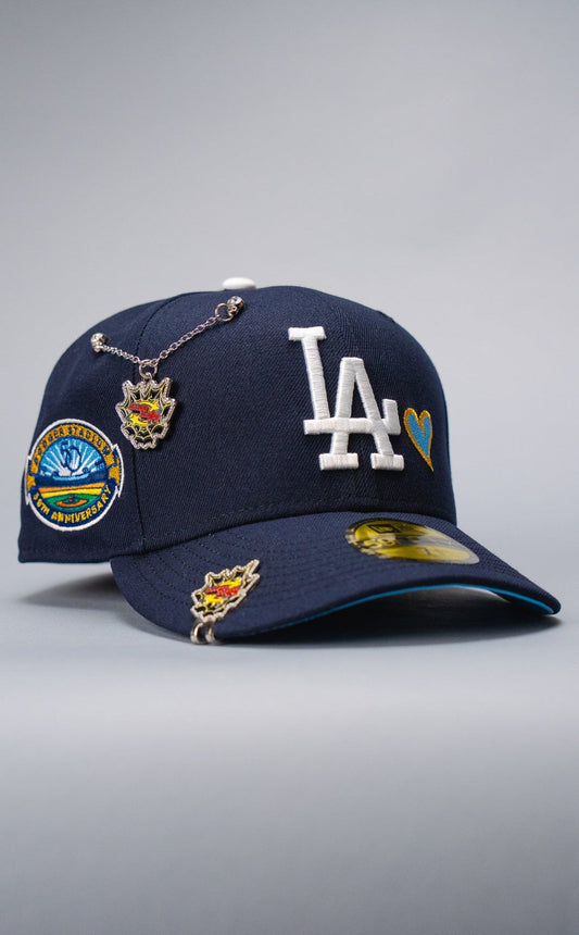 NEW ERA EXCLUSIVE 59FIFTY NAVY LOS ANGELES DODGERS W/ HEART + 50TH ANNIVERSARY SIDE PATCH