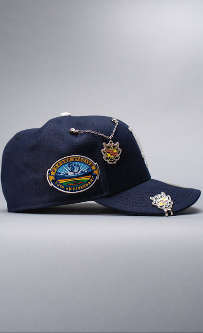 NEW ERA EXCLUSIVE 59FIFTY NAVY LOS ANGELES DODGERS W/ HEART + 50TH ANNIVERSARY SIDE PATCH