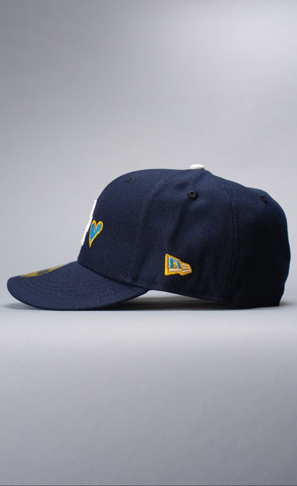 NEW ERA EXCLUSIVE 59FIFTY NAVY LOS ANGELES DODGERS W/ HEART + 50TH ANNIVERSARY SIDE PATCH