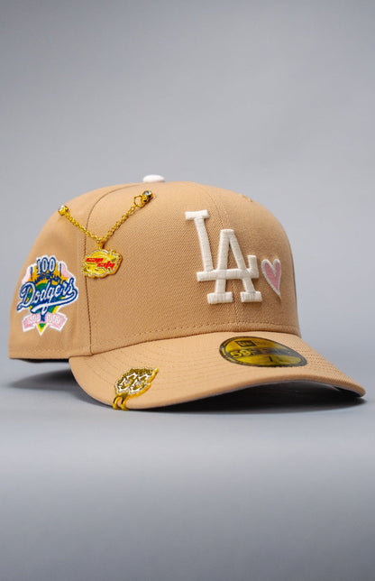 NEW ERA EXCLUSIVE 59FIFTY BEIGE LOS ANGELES DODGERS W/ HEART + 100TH ANNIVERSARY SIDE PATCH