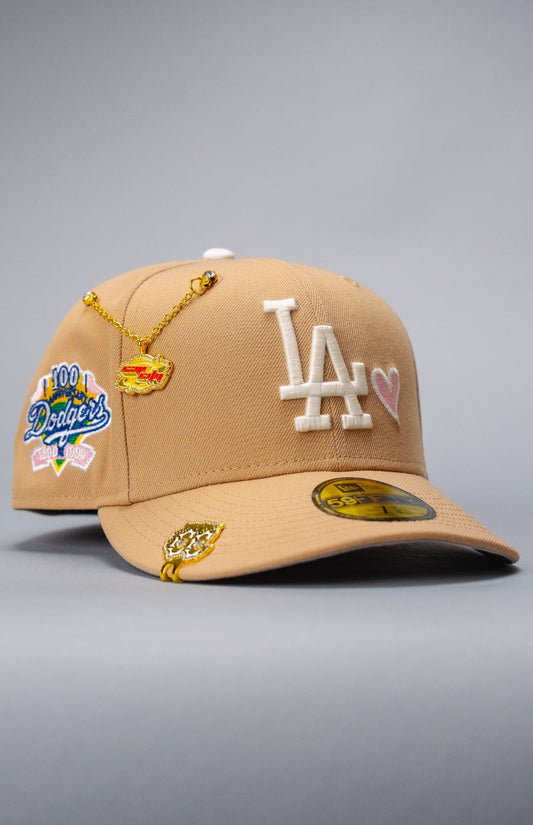 NEW ERA EXCLUSIVE 59FIFTY BEIGE LOS ANGELES DODGERS W/ HEART + 100TH ANNIVERSARY SIDE PATCH