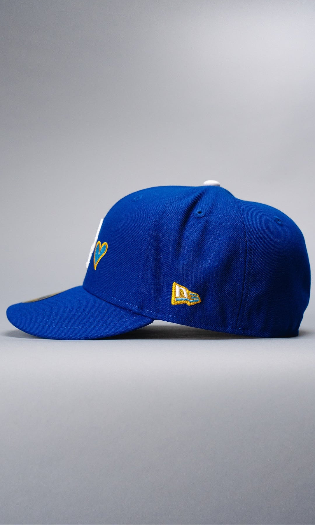 NEW ERA EXCLUSIVE 59FIFTY BLUE LOS ANGELES DODGERS W/ HEART + 50TH ANNIVERSARY SIDE PATCH