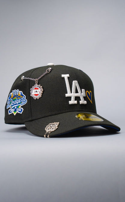 NEW ERA EXCLUSIVE 59FIFTY BLACK LOS ANGELES DODGERS W/ HEART + 100TH ANNIVERSARY SIDE PATCH