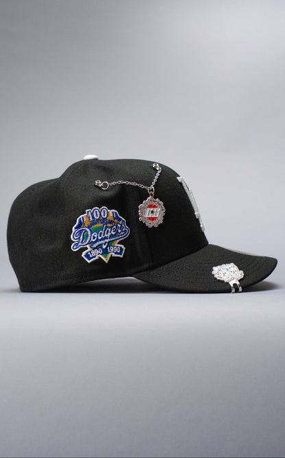 NEW ERA EXCLUSIVE 59FIFTY BLACK LOS ANGELES DODGERS W/ HEART + 100TH ANNIVERSARY SIDE PATCH
