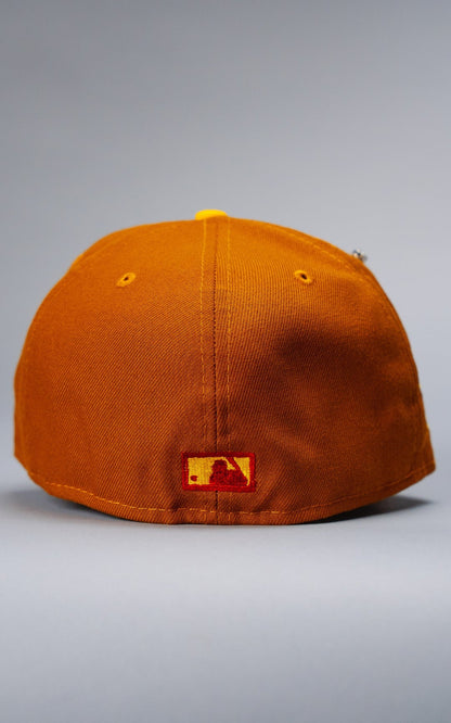NEW ERA EXCLUSIVE 59FIFTY DARK KHAKI/BURGUNDY BALTIMORE ORIOLES W/ 50TH ANNIVERSARY PATCH