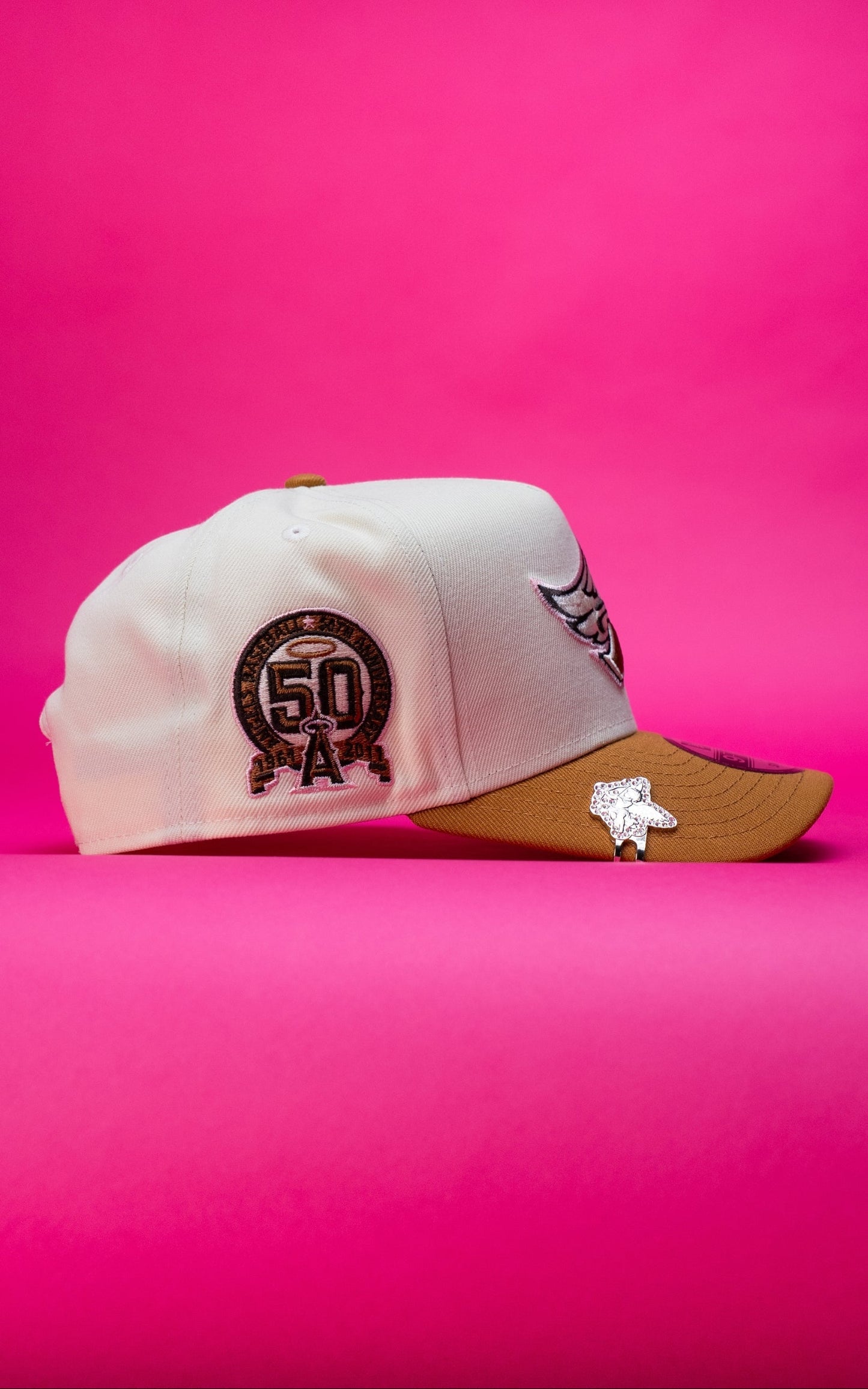 NEW ERA 9FIFTY A-FRAME CHROME/KHAKI ANAHEIM ANGELS SNAPBACK W/ 50TH ANNIVERSARY SIDE PATCH