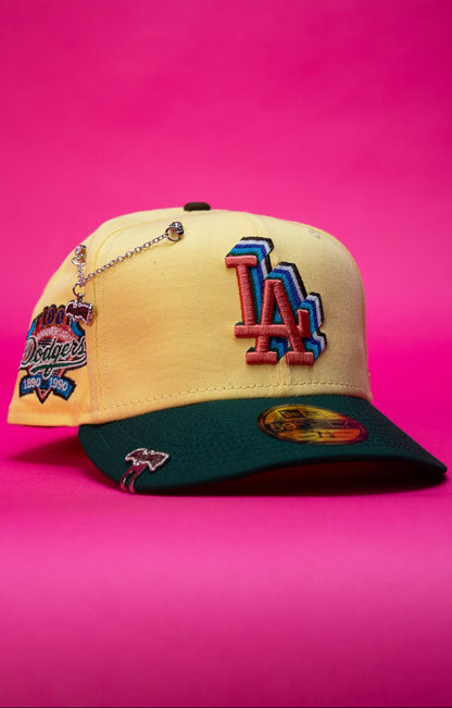 NEW ERA EXCLUSIVE 59FIFTY YELLOW/FOREST GREEN LOS ANGELES DODGERS W/ 100TH ANNIVERSARY SIDE PATCH