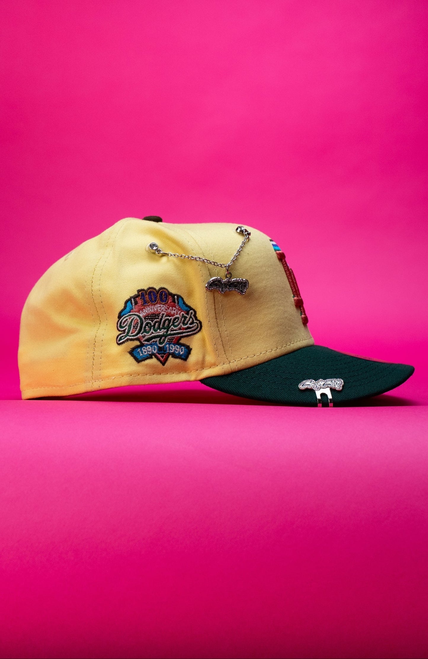 NEW ERA EXCLUSIVE 59FIFTY YELLOW/FOREST GREEN LOS ANGELES DODGERS W/ 100TH ANNIVERSARY SIDE PATCH