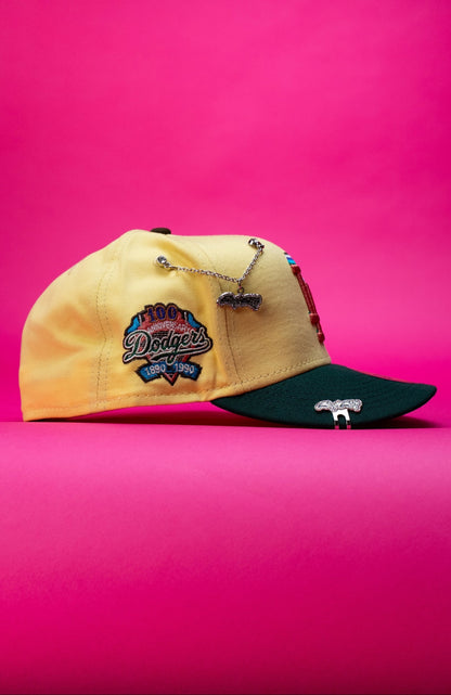 NEW ERA EXCLUSIVE 59FIFTY YELLOW/FOREST GREEN LOS ANGELES DODGERS W/ 100TH ANNIVERSARY SIDE PATCH