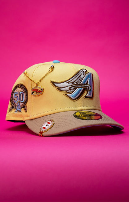 NEW ERA EXCLUSIVE 59FIFTY YELLOW/BEIGE ANAHEIM ANGELS W/ 50TH ANNIVERSARY SIDE PATCH