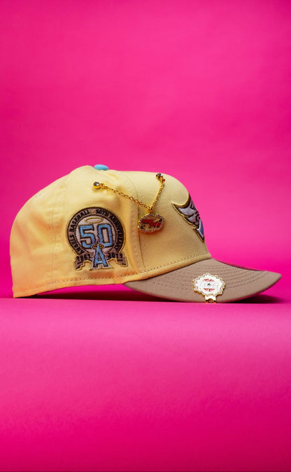 NEW ERA EXCLUSIVE 59FIFTY YELLOW/BEIGE ANAHEIM ANGELS W/ 50TH ANNIVERSARY SIDE PATCH