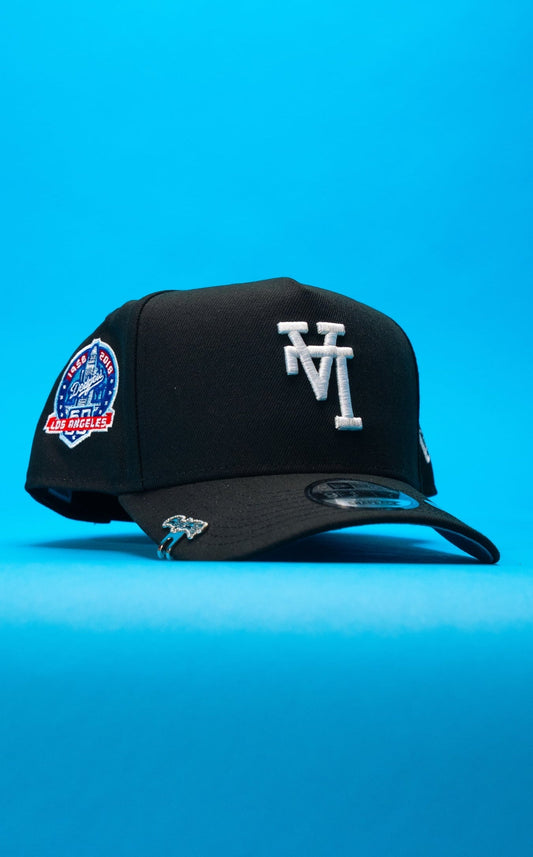 NEW ERA 9FIFTY A-FRAME BLACK UPSIDE DOWN LOS ANGELES DODGERS SNAPBACK W/ 60TH ANNIVERSARY SIDE PATCH