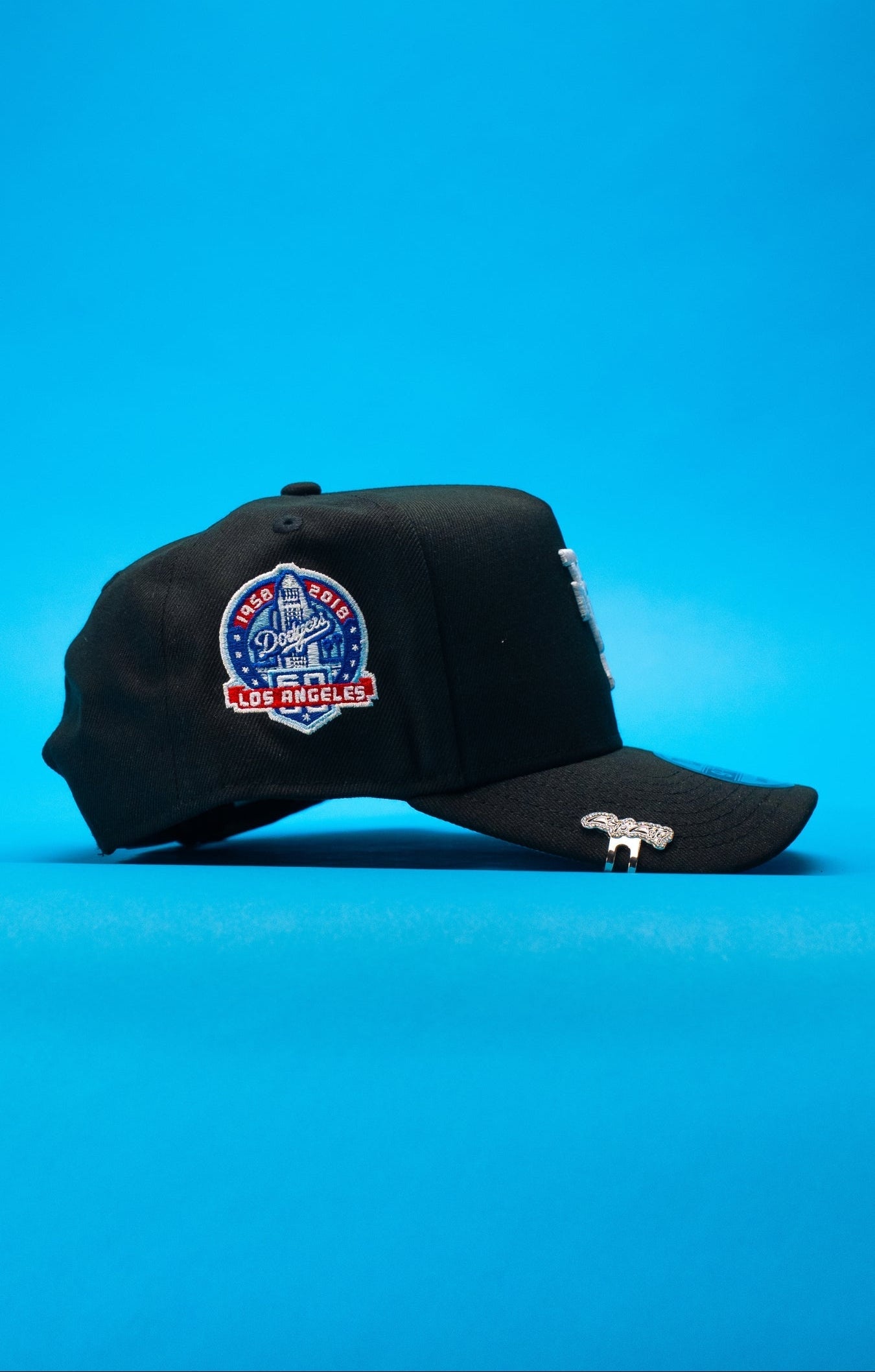 NEW ERA 9FIFTY A-FRAME BLACK UPSIDE DOWN LOS ANGELES DODGERS SNAPBACK W/ 60TH ANNIVERSARY SIDE PATCH