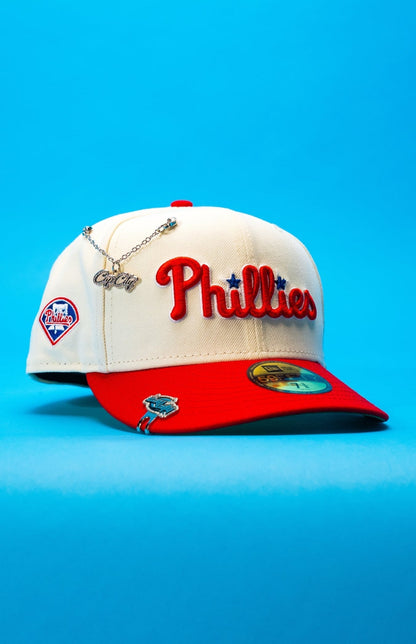NEW ERA EXCLUSIVE 59FIFTY CHROME/RED PHILADELPHIA PHILLIES SCRIPT W/ "PHILLIES" LOGO SIDE PATCH