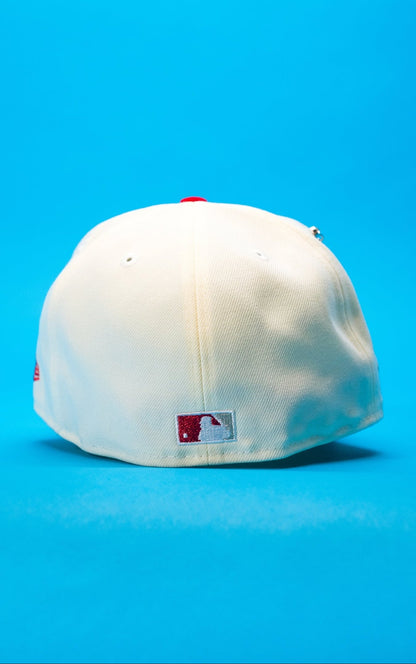 NEW ERA EXCLUSIVE 59FIFTY CHROME/RED LOS ANGELES DODGERS W/ BURNT ROSES + 1988 WORLD SERIES SIDE PATCH