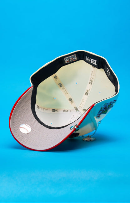 NEW ERA EXCLUSIVE 59FIFTY CHROME/RED LOS ANGELES DODGERS W/ BURNT ROSES + 1988 WORLD SERIES SIDE PATCH