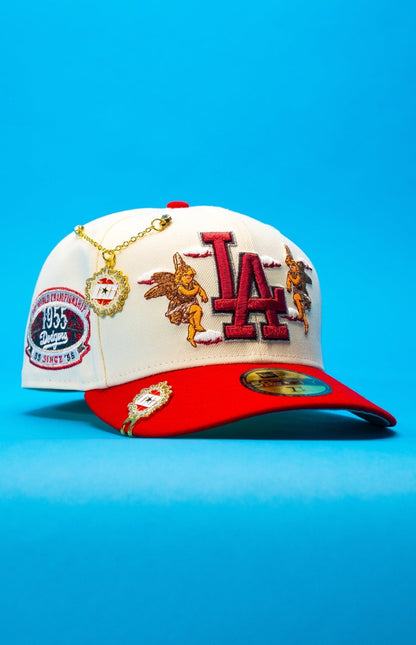 NEW ERA EXCLUSIVE 59FIFTY CHROME/RED LOS ANGELES DODGERS "CITY OF ANGELS" W/ 1ST WORLD CHAMPIONSHIP SIDE PATCH