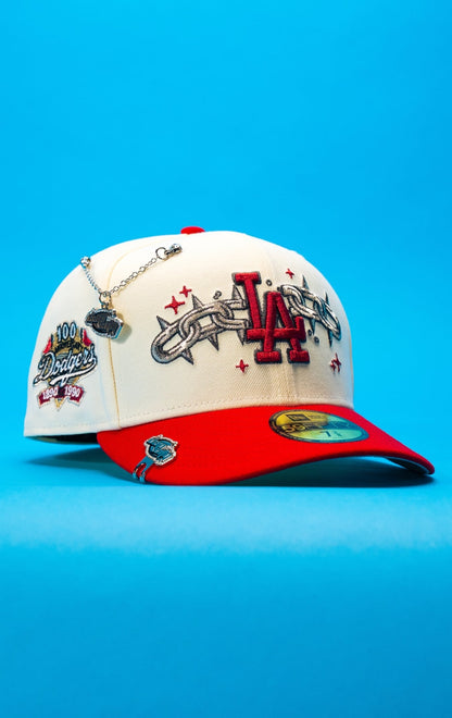 NEW ERA EXCLUSIVE 59FIFTY CHROME/RED LOS ANGELES DODGERS W/ EMBROIDERY + 100TH ANNIVERSARY SIDE PATCH