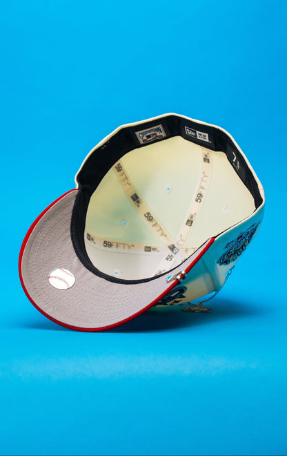 NEW ERA EXCLUSIVE 59FIFTY CHROME/RED LOS ANGELES DODGERS W/ EMBROIDERY + 100TH ANNIVERSARY SIDE PATCH