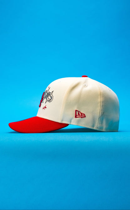 NEW ERA EXCLUSIVE 59FIFTY CHROME/RED LOS ANGELES DODGERS W/ EMBROIDERY + 100TH ANNIVERSARY SIDE PATCH
