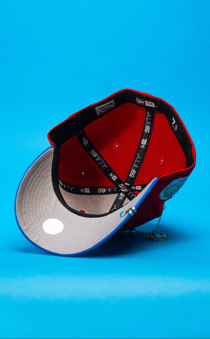 NEW ERA EXCLUSIVE 59FIFTY RED/BLUE CHICAGO CUBS W/ WRIGLEY FIELD SIDE PATCH