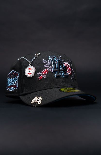 NEW ERA EXCLUSIVE 59FIFTY BLACK LOS ANGELES DODGERS W/ RED ROSE + 40TH ANNIVERSARY SIDE PATCH