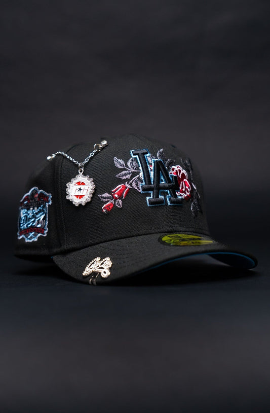 NEW ERA EXCLUSIVE 59FIFTY BLACK LOS ANGELES DODGERS W/ RED ROSE + 40TH ANNIVERSARY SIDE PATCH