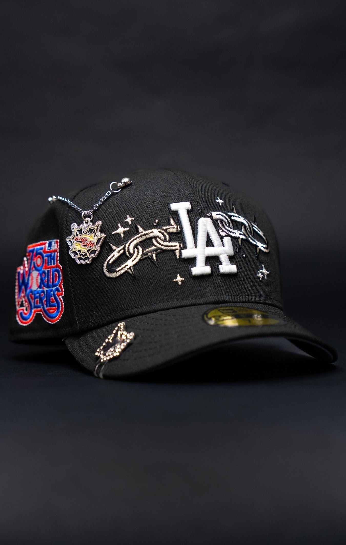 NEW ERA EXCLUSIVE 59FIFTY BLACK LOS ANGELES DODGERS W/ EMBROIDERY + 75TH WORLD SERIES SIDE PATCH