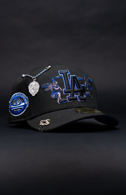 NEW ERA EXCLUSIVE 59FIFTY BLACKED OUT LOS ANGELES DODGERS "CITY OF ANGELS" W/ 50TH ANNIVERSARY SIDE PATCH