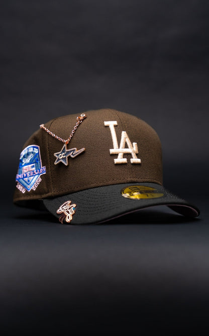 NEW ERA EXCLUSIVE 59FIFTY BROWN/BLACK LOS ANGELES DODGERS W/ 50TH ANNIVERSARY SIDE PATCH