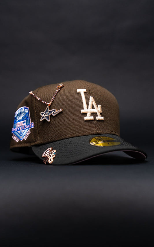 NEW ERA EXCLUSIVE 59FIFTY BROWN/BLACK LOS ANGELES DODGERS W/ 50TH ANNIVERSARY SIDE PATCH