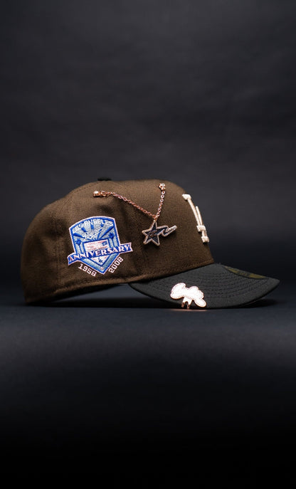 NEW ERA EXCLUSIVE 59FIFTY BROWN/BLACK LOS ANGELES DODGERS W/ 50TH ANNIVERSARY SIDE PATCH