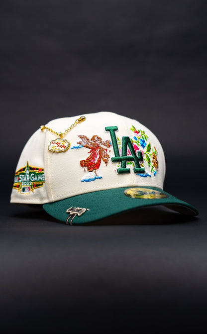 NEW ERA EXCLUSIVE 59FIFTY CHROME/FOREST GREEN LOS ANGELES DODGERS "CITY OF ANGELS" W/ ALL STAR GAME SIDE PATCH