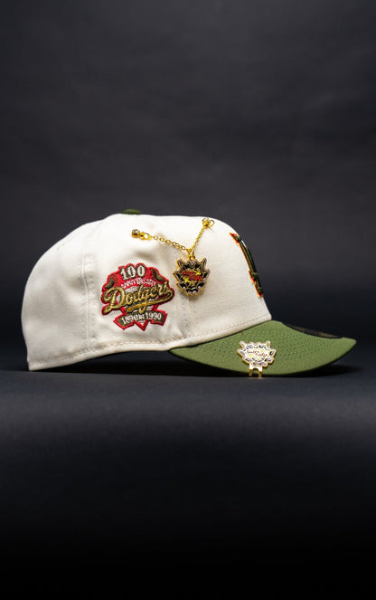 NEW ERA EXCLUSIVE 59FIFTY CHROME/OLIVE LOS ANGELES DODGERS W/ 100TH ANNIVERSARY SIDE PATCH