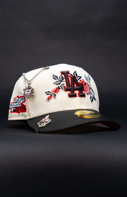 NEW ERA EXCLUSIVE 59FIFTY CHROME/BLACK LOS ANGELES DODGERS W/ RED ROSE + 1981 WORLD SERIES SIDE PATCH