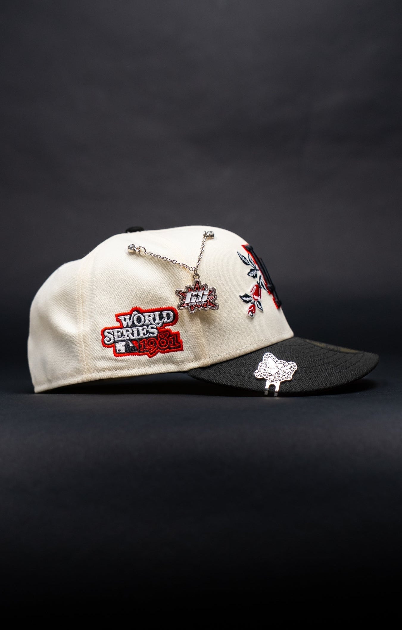 NEW ERA EXCLUSIVE 59FIFTY CHROME/BLACK LOS ANGELES DODGERS W/ RED ROSE + 1981 WORLD SERIES SIDE PATCH
