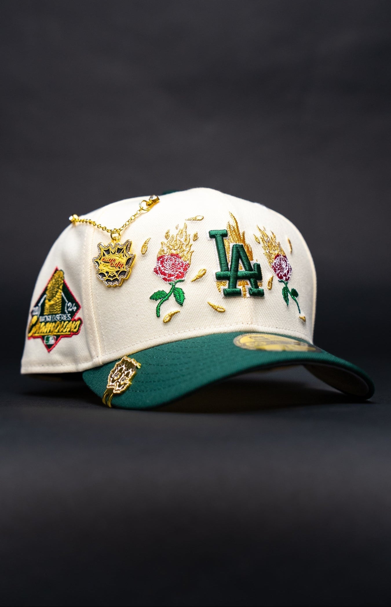 NEW ERA EXCLUSIVE 59FIFTY CHROME/FOREST GREEN LOS ANGELES DODGERS W/ BURNT ROSES + WORLD SERIES CHAMPIONS SIDE PATCH