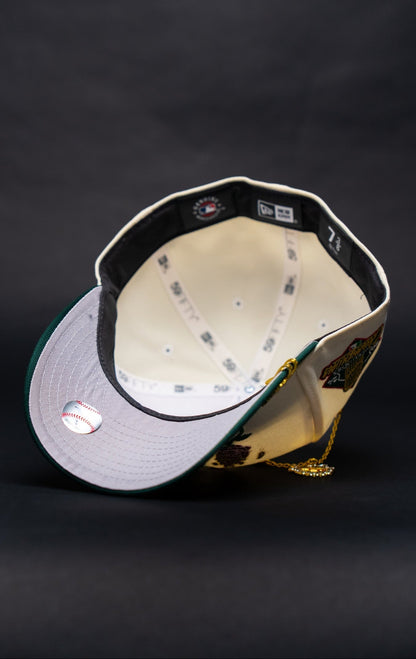 NEW ERA EXCLUSIVE 59FIFTY CHROME/FOREST GREEN LOS ANGELES DODGERS W/ BURNT ROSES + WORLD SERIES CHAMPIONS SIDE PATCH