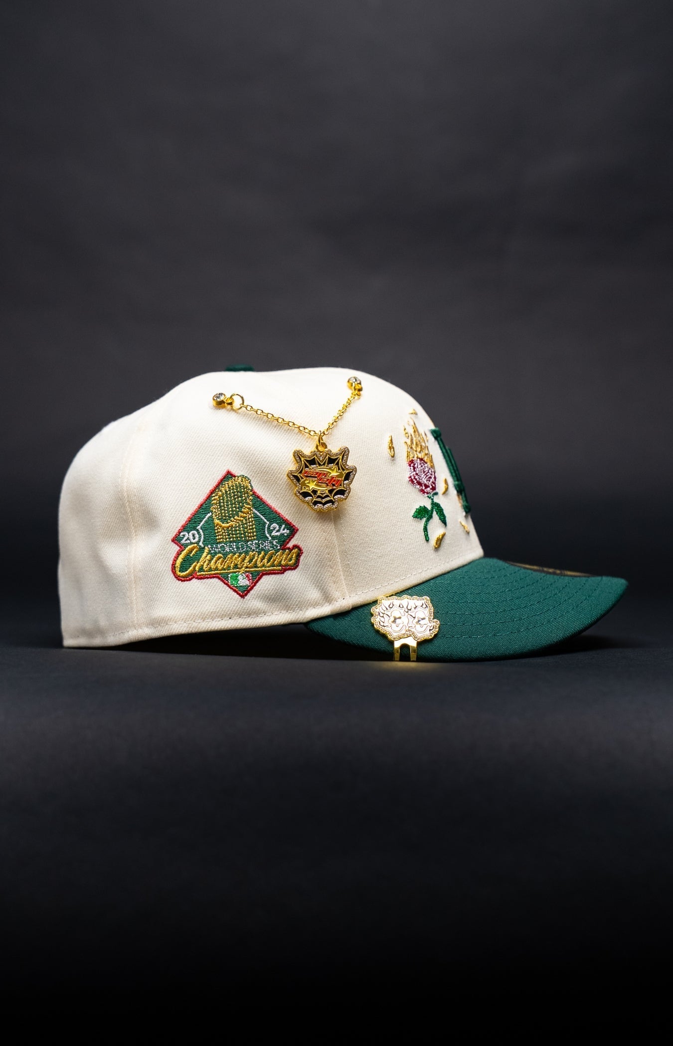NEW ERA EXCLUSIVE 59FIFTY CHROME/FOREST GREEN LOS ANGELES DODGERS W/ BURNT ROSES + WORLD SERIES CHAMPIONS SIDE PATCH
