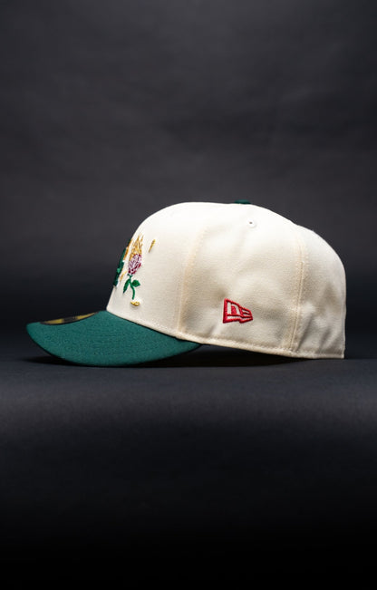 NEW ERA EXCLUSIVE 59FIFTY CHROME/FOREST GREEN LOS ANGELES DODGERS W/ BURNT ROSES + WORLD SERIES CHAMPIONS SIDE PATCH