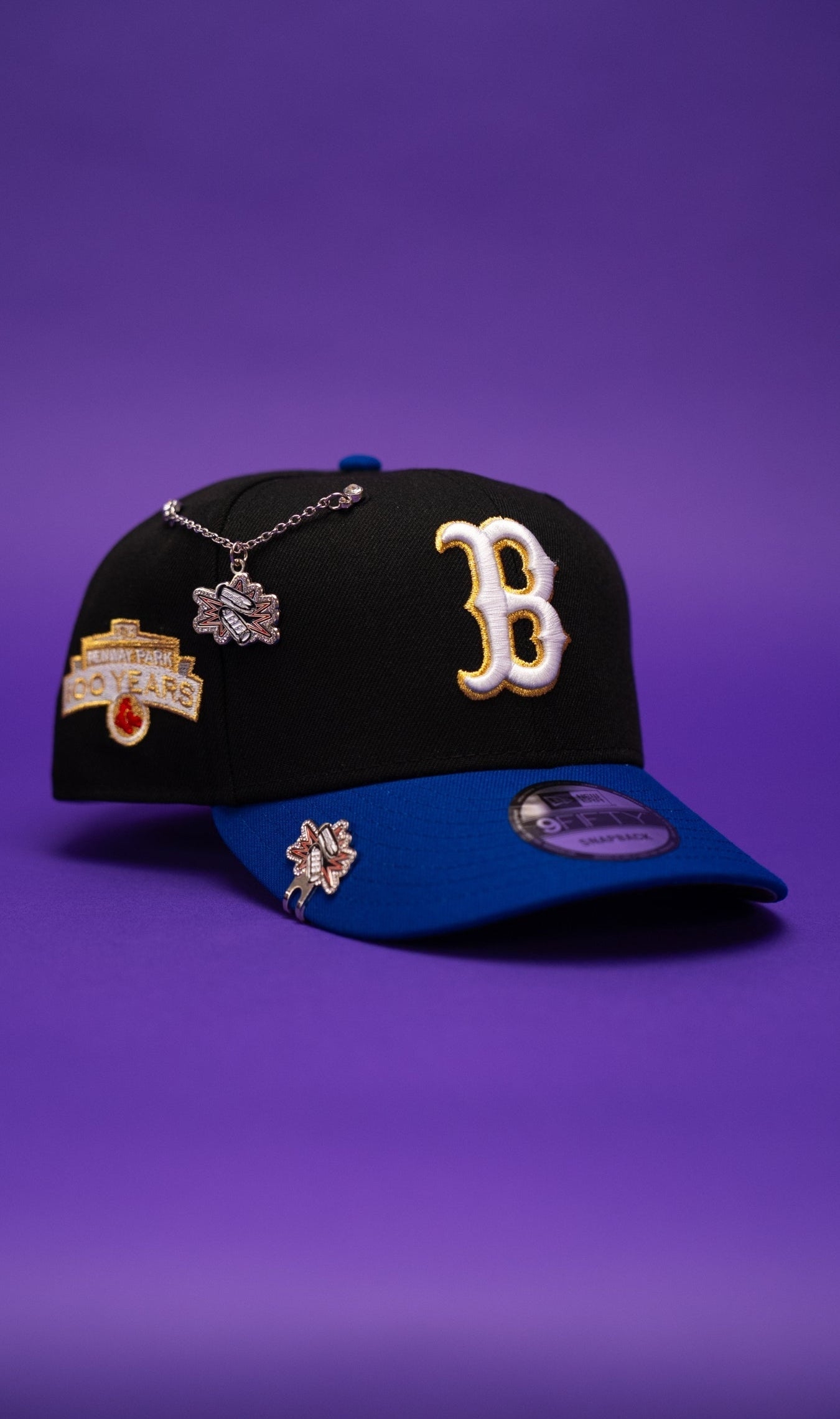 NEW ERA EXCLUSIVE 9FIFTY BLACK/BLUE BOSTON RED SOX SNAPBACK W/ 100TH ANNIVERSARY SIDE PATCH