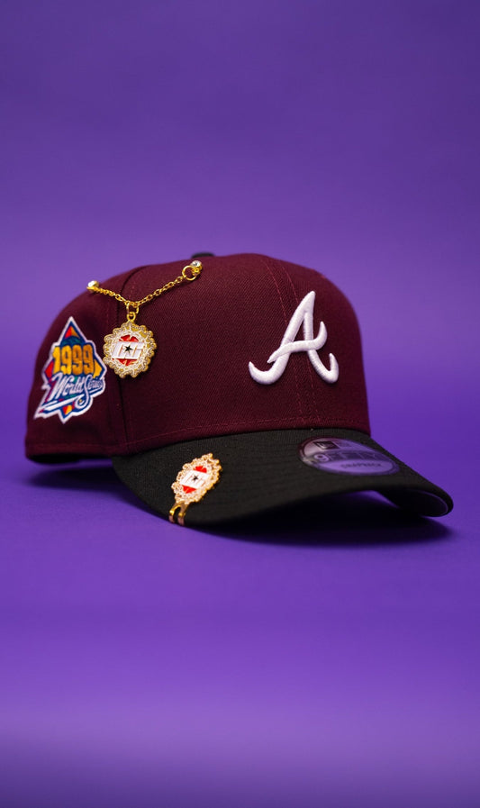 NEW ERA EXCLUSIVE 9FIFTY BURGUNDY/BLACK ATLANTA BRAVES SNAPBACK W/ 1999 WORLD SERIES SIDE PATCH