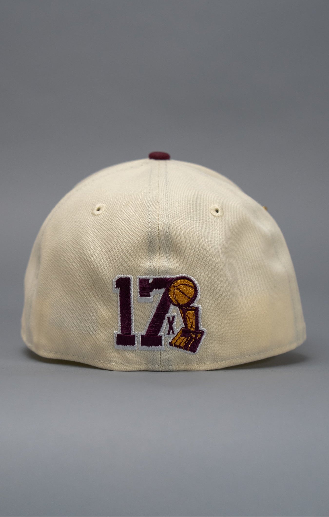 NEW ERA EXCLUSIVE 59FIFTY CHROME/BURGUNDY UPSIDE DOWN LOS ANGELES LAKERS W/ 75TH ANNIVERSARY SIDE PATCH