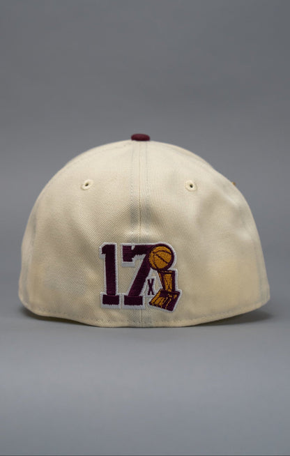 NEW ERA EXCLUSIVE 59FIFTY CHROME/BURGUNDY UPSIDE DOWN LOS ANGELES LAKERS W/ 75TH ANNIVERSARY SIDE PATCH