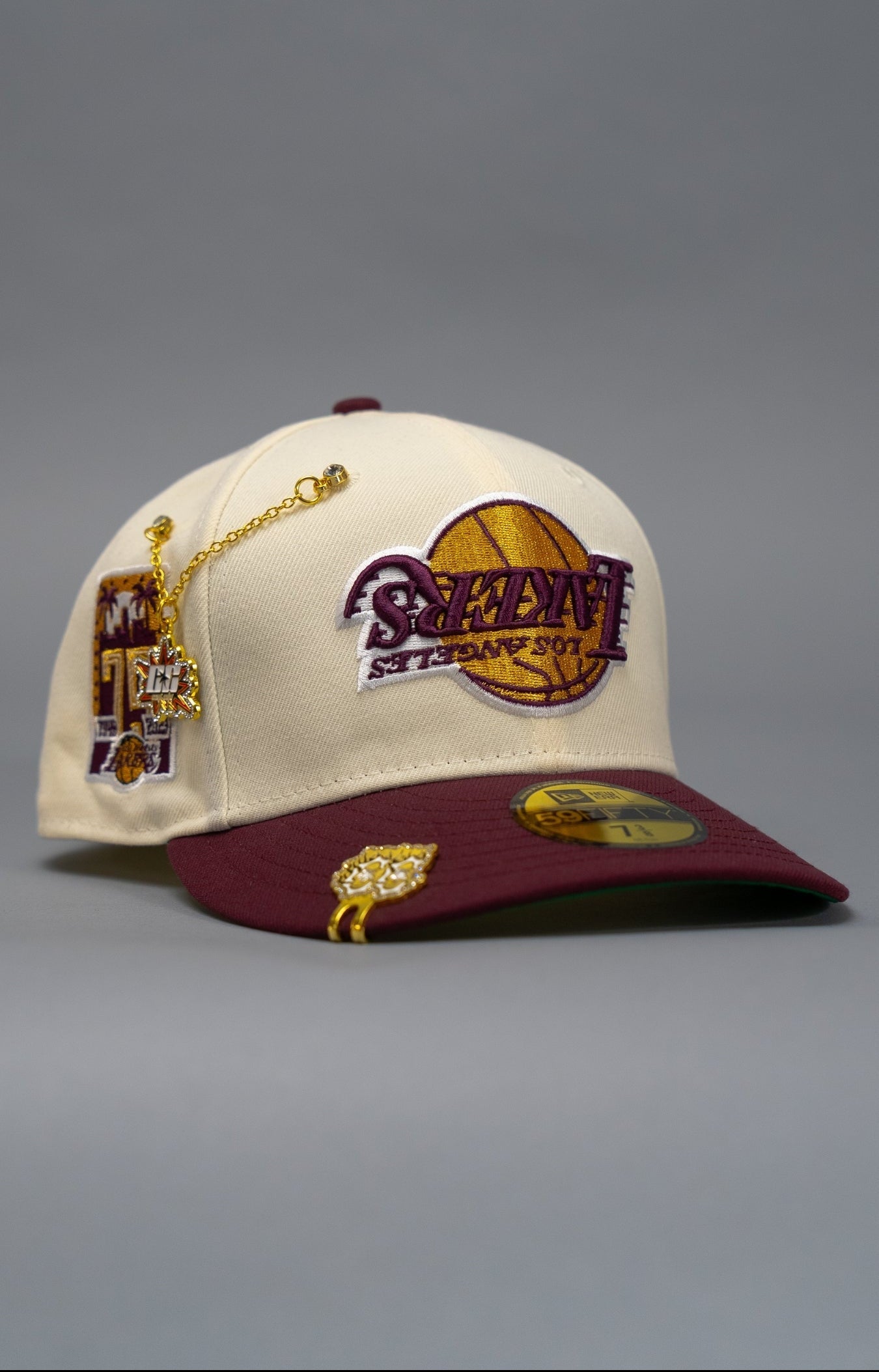NEW ERA EXCLUSIVE 59FIFTY CHROME/BURGUNDY UPSIDE DOWN LOS ANGELES LAKERS W/ 75TH ANNIVERSARY SIDE PATCH