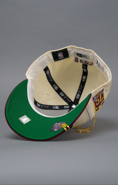 NEW ERA EXCLUSIVE 59FIFTY CHROME/BURGUNDY UPSIDE DOWN LOS ANGELES LAKERS W/ 75TH ANNIVERSARY SIDE PATCH