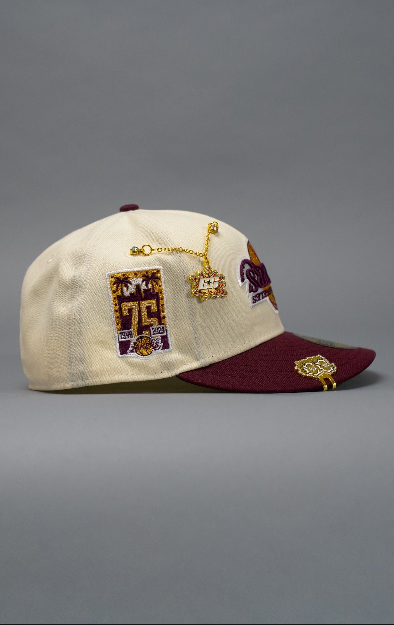 NEW ERA EXCLUSIVE 59FIFTY CHROME/BURGUNDY UPSIDE DOWN LOS ANGELES LAKERS W/ 75TH ANNIVERSARY SIDE PATCH
