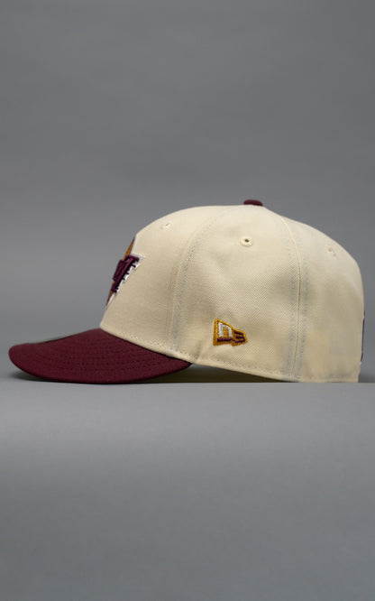 NEW ERA EXCLUSIVE 59FIFTY CHROME/BURGUNDY UPSIDE DOWN LOS ANGELES LAKERS W/ 75TH ANNIVERSARY SIDE PATCH