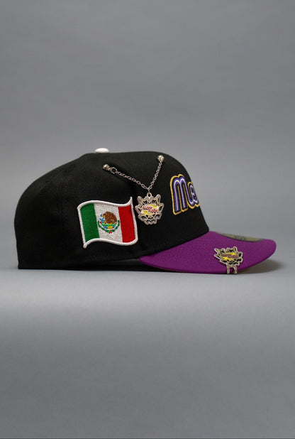 NEW ERA EXCLUSIVE 59FIFTY BLACK/PURPLE 2025 WBC MEXICO SCRIPT W/ MEXICO FLAG SIDE PATCH
