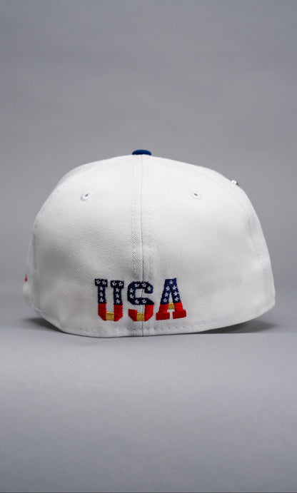 NEW ERA EXCLUSIVE 59FIFTY PEARL WHITE MEXICO "EL GALLO" W/ AMERICAN FLAG SIDE PATCH